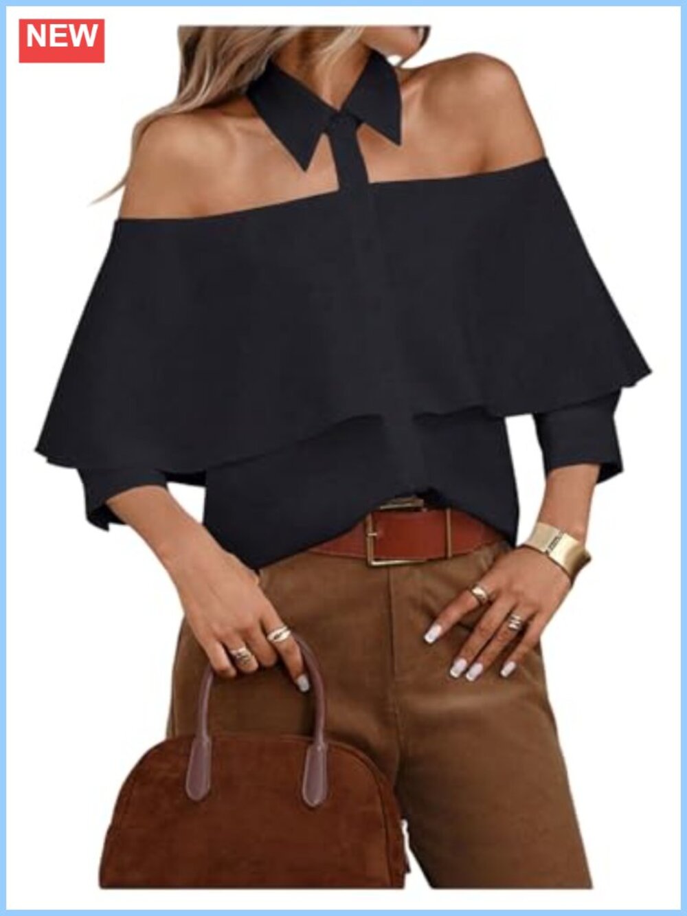 Women's Off Shoulder Button Down Blouse Ruffled Sleeve Top